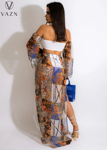 VAZN 2022 New Sexy Holiday Beach Style Women Suit Strapless Bikini Open Fork Floor Length Skirt Printed Sexy Three Piece Set