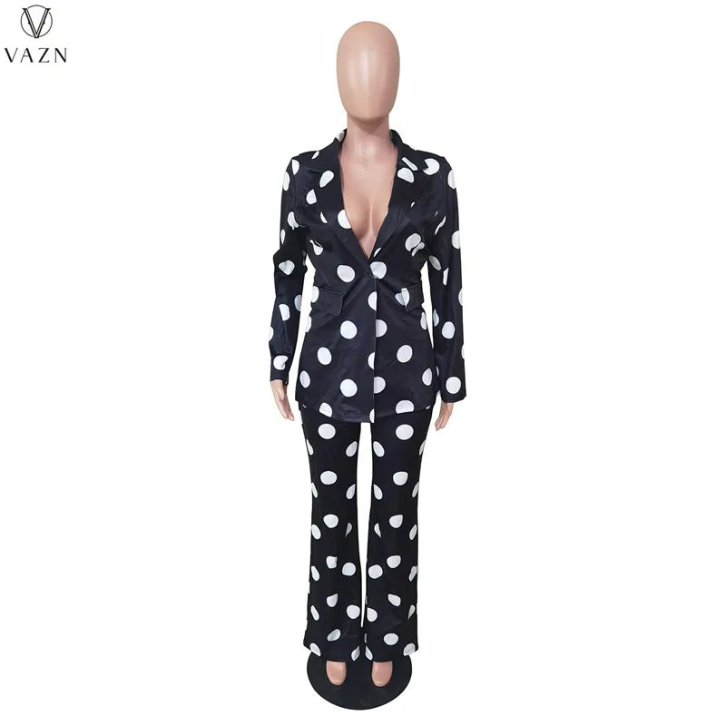 VAZN 2021 Fashion Women New Street Casual Style Sets Long Sleeve Lapel One Buttons Top Elastic Long Pants Printed Two Piece Sets