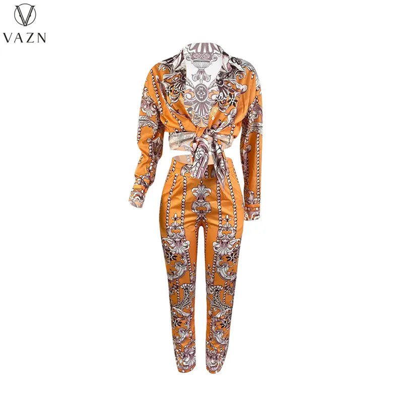 VAZN New 2021 Ladies Spring Fashion Street Casual Style Women Suit Long Sleeve Lapel Top Elastic Long Pants Two Piece Sets