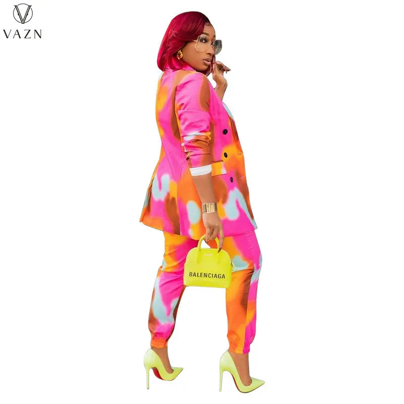 VAZN 2021 Women New Fashion Street Casual Style Sets Long Sleeve Lapel Outwear Elastic Long Pants Printed Two Piece Sets