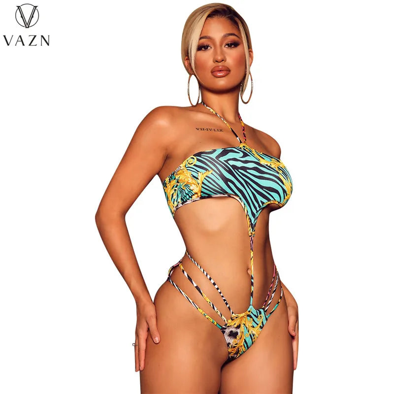 VAZN 2022 Sexy Holiday Beach Style Women Suit Sleeveless Hollow Out Jumpsuits Long Outwear Leopard Grain Lady 2 Piece Set