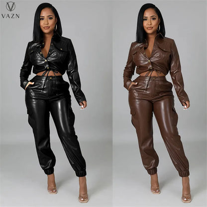 VAZN 2022 Women Fashion Hot Sale Street Casual Style Sets Long Sleeve Lapel Top Buttons Long Pants Pure Color Women Suit