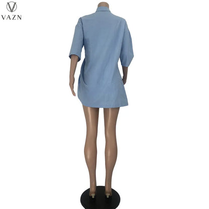 VAZN  2021 New Women Street Casual Style Sets Long Sleeve Lapel Shirt Elastic Short Pants Pure Color Two Piece Sets