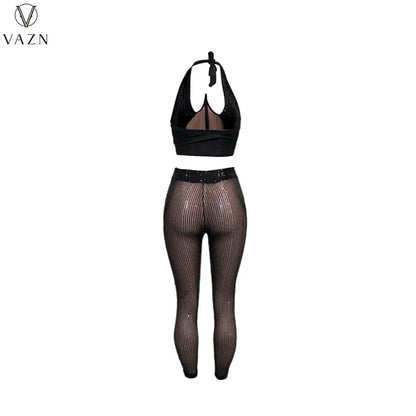 VAZN New 2022  Fashion Sexy Club Party Style Women Suit Sleeveless Dew Waist Elastic Long Pants Pure Color 2 Piece Sets