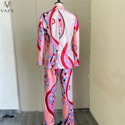 VAZN 2022 Printed Spring Women Suit New Street Casual Style New Long Sleeve Lapel Top Buttons Long Pants Two Piece Sets