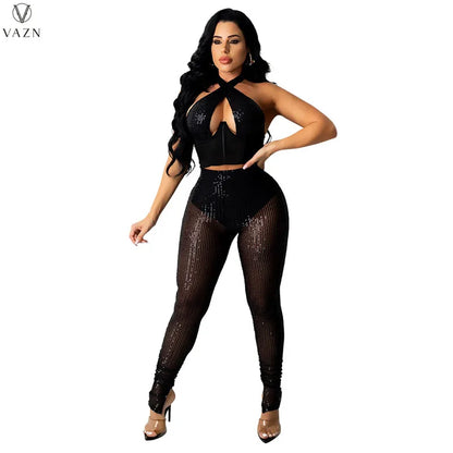 VAZN 2021 New Office Lady Sexy Holiday Style Sets Sleeveless Halter Top Elastic Long Pants Solid Two Piece Sets