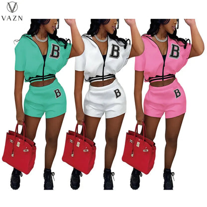 VAZN 2022 Women Suit New Street Casual Style New Short Sleeve Lapel Zipper Top Elastic Short Pants Printed Two Piece Sets