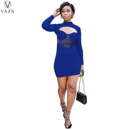 VAZN 2021 Ladies New Fashion Women Sexy Girl Style Short Dress Long Sleeve High Collar Dress Hollow Out Mini Short Dress