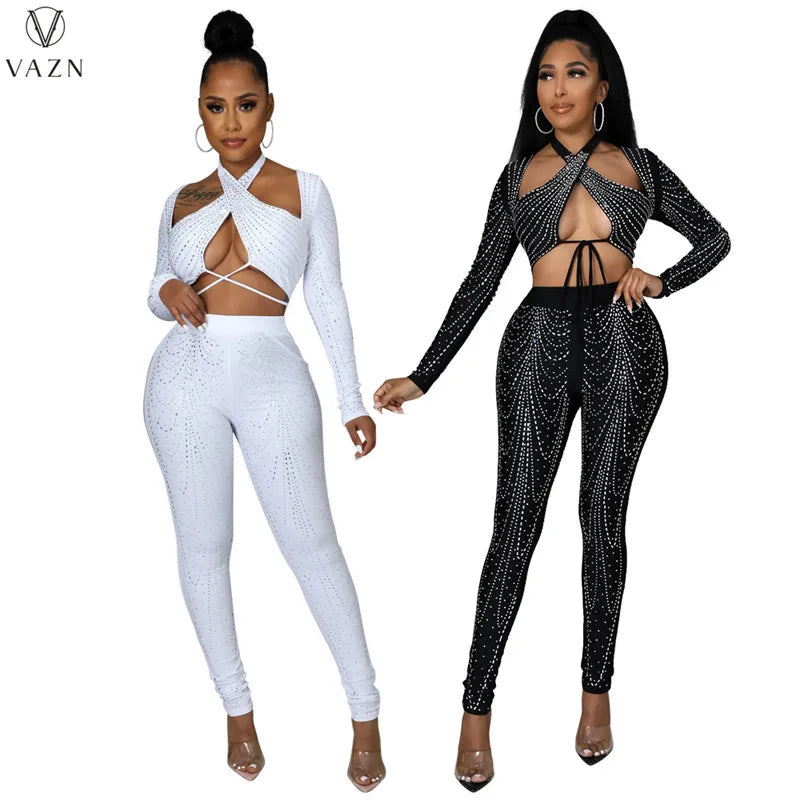 VAZN 2022 Women Suit Fashion Street Girl Style Sets Long Sleeve Short Top Zipper Long Pants Appliques Pure Color Two Piece Sets