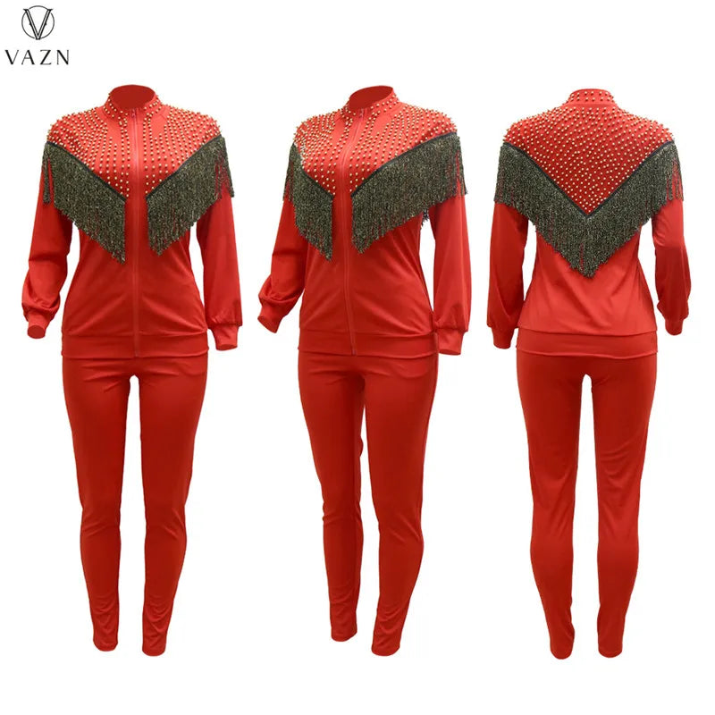 VAZN New 2021 Ladies Spring Fashion Street Casual Style Women Suit Long Sleeve Zipper Top Elastic Long Pants Two Piece Sets