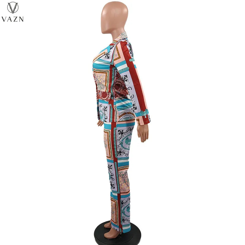 VAZN New 2021 Ladies Spring Fashion Street Casual Style Women Suit Long Sleeve Lapel Top Elastic Long Pants Printed Sets