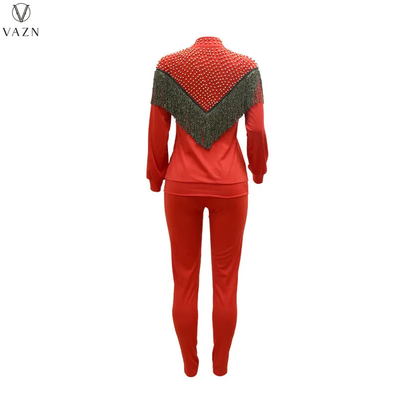 VAZN New 2021 Ladies Spring Fashion Street Casual Style Women Suit Long Sleeve Zipper Top Elastic Long Pants Two Piece Sets