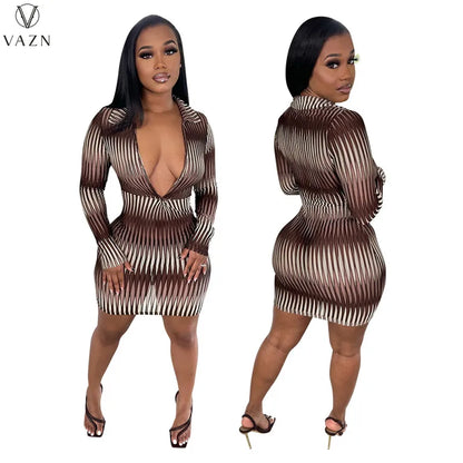 VAZN 2022 New Fashion Women Casual Girl Style Short Dress Long Sleeve Lapel Dress Zipper Printed Mini Short Dress