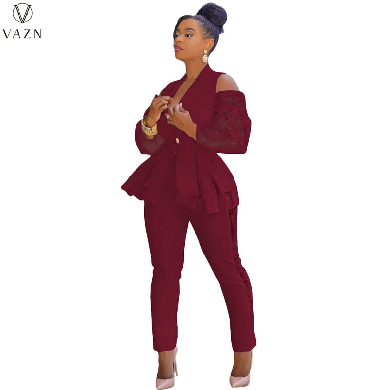 VAZN New 2021 Ladies Fashion Street Girl Style Women Suit Long Sleeve Lapel Top Elastic Long Pants Lace Two Piece Sets