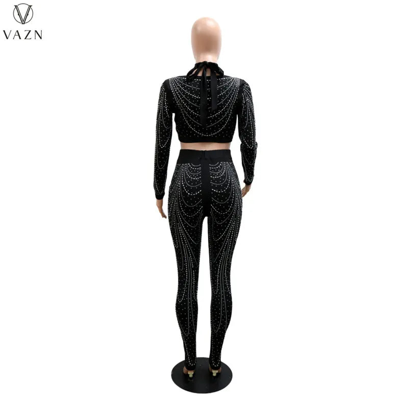 VAZN 2022 Women Suit Fashion Street Girl Style Sets Long Sleeve Short Top Zipper Long Pants Appliques Pure Color Two Piece Sets