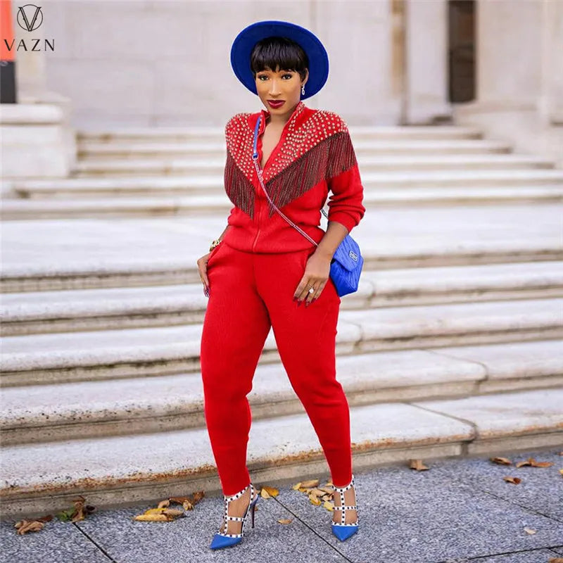 VAZN New 2021 Ladies Spring Fashion Street Casual Style Women Suit Long Sleeve Zipper Top Elastic Long Pants Two Piece Sets