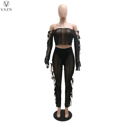 VAZN 2021 Lady Fashion New Sexy Girl Style Sets Long Sleeve Card Shoulder Short Top Elastic Long Pants Pure Color 2 Piece Sets