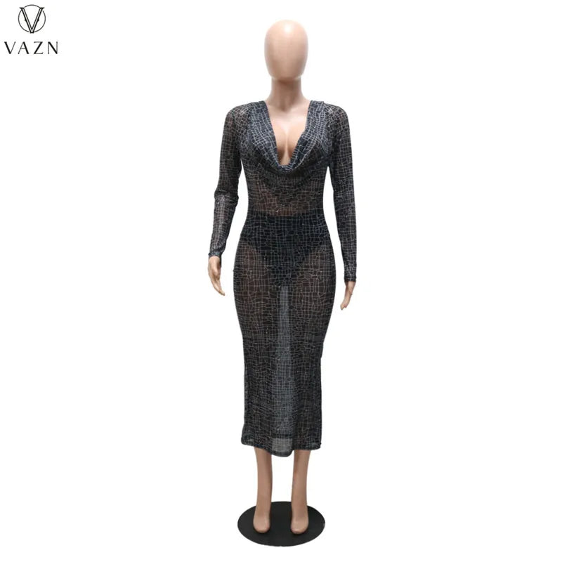 VAZN 2022 New Sexy Long Sleeve V Neck Dress Printed Mid Long Dress Fashion Lady Street Girl Style Long Dress