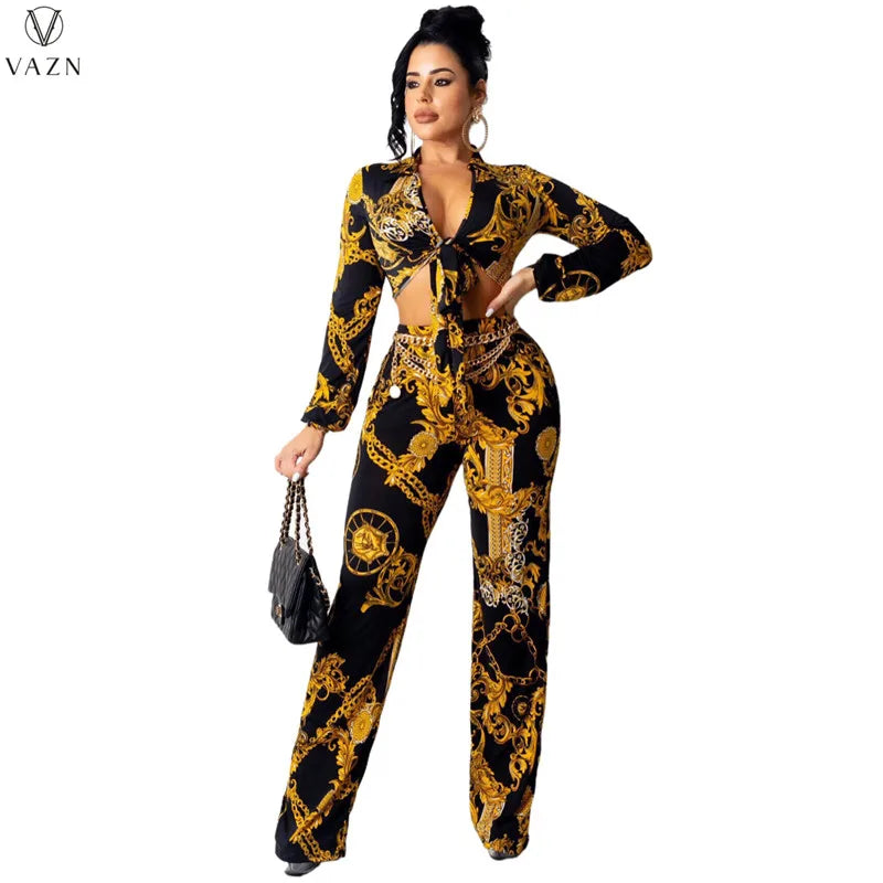 VAZN 2021 Lady Fashion New Sexy Girl Style Sets Long Sleeve Lapel Short Top Elastic Long Pants Printed 2 Piece Sets