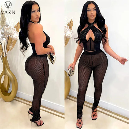 VAZN New 2022  Fashion Sexy Club Party Style Women Suit Sleeveless Dew Waist Elastic Long Pants Pure Color 2 Piece Sets