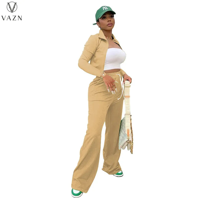 VAZN New 2021 Ladies Fashion Street Casual Style Women Suit Long Sleeve Lapel Zipper Top Elastic Long Pants Two Piece Sets