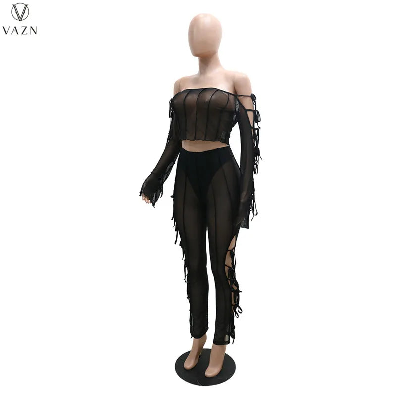 VAZN 2021 Lady Fashion New Sexy Girl Style Sets Long Sleeve Card Shoulder Short Top Elastic Long Pants Pure Color 2 Piece Sets