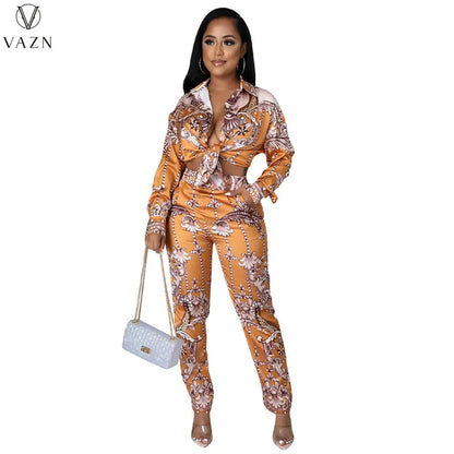 VAZN New 2021 Ladies Spring Fashion Street Casual Style Women Suit Long Sleeve Lapel Top Elastic Long Pants Two Piece Sets