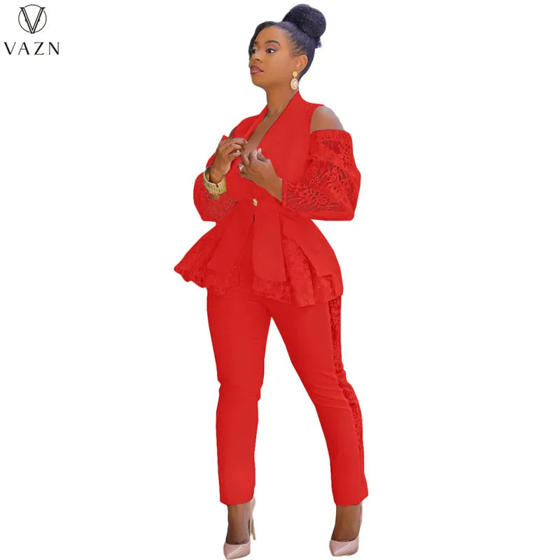 VAZN New 2021 Ladies Fashion Street Girl Style Women Suit Long Sleeve Lapel Top Elastic Long Pants Lace Two Piece Sets