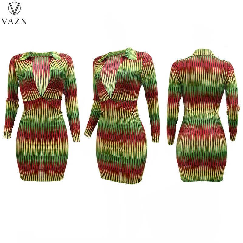 VAZN 2022 New Fashion Women Casual Girl Style Short Dress Long Sleeve Lapel Dress Zipper Printed Mini Short Dress