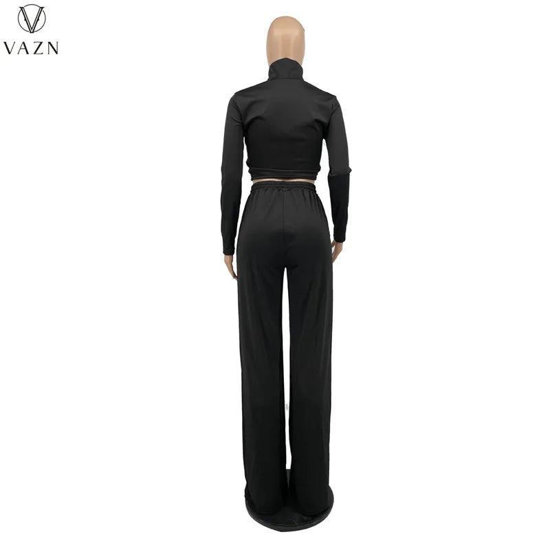 VAZN New 2021 Ladies Fashion Street Casual Style Women Suit Long Sleeve Lapel Zipper Top Elastic Long Pants Two Piece Sets