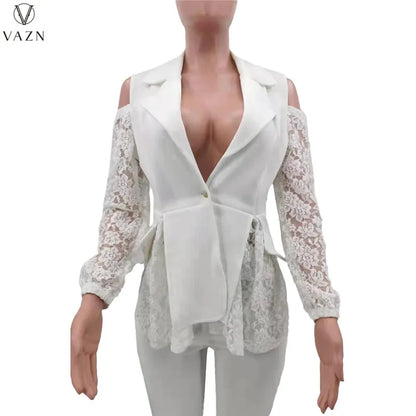 VAZN New 2021 Ladies Fashion Street Girl Style Women Suit Long Sleeve Lapel Top Elastic Long Pants Lace Two Piece Sets