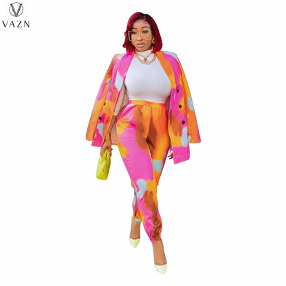 VAZN 2021 Women New Fashion Street Casual Style Sets Long Sleeve Lapel Outwear Elastic Long Pants Printed Two Piece Sets