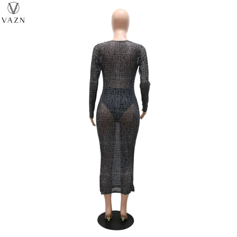 VAZN 2022 New Sexy Long Sleeve V Neck Dress Printed Mid Long Dress Fashion Lady Street Girl Style Long Dress