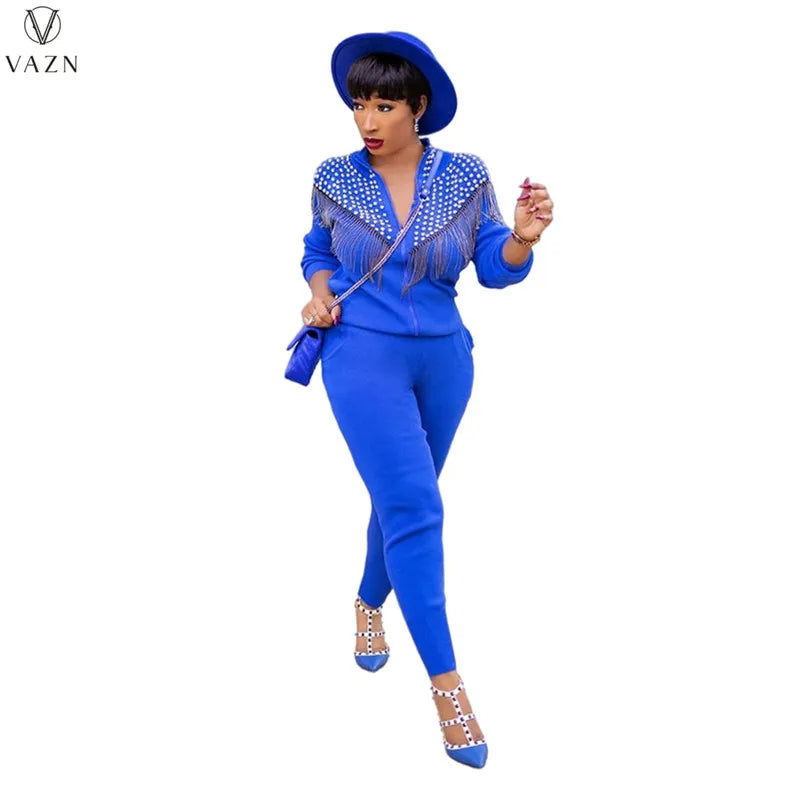 VAZN New 2021 Ladies Spring Fashion Street Casual Style Women Suit Long Sleeve Zipper Top Elastic Long Pants Two Piece Sets