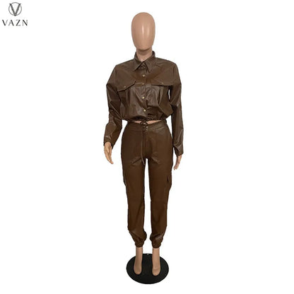 VAZN 2022 Women Fashion Hot Sale Street Casual Style Sets Long Sleeve Lapel Top Buttons Long Pants Pure Color Women Suit