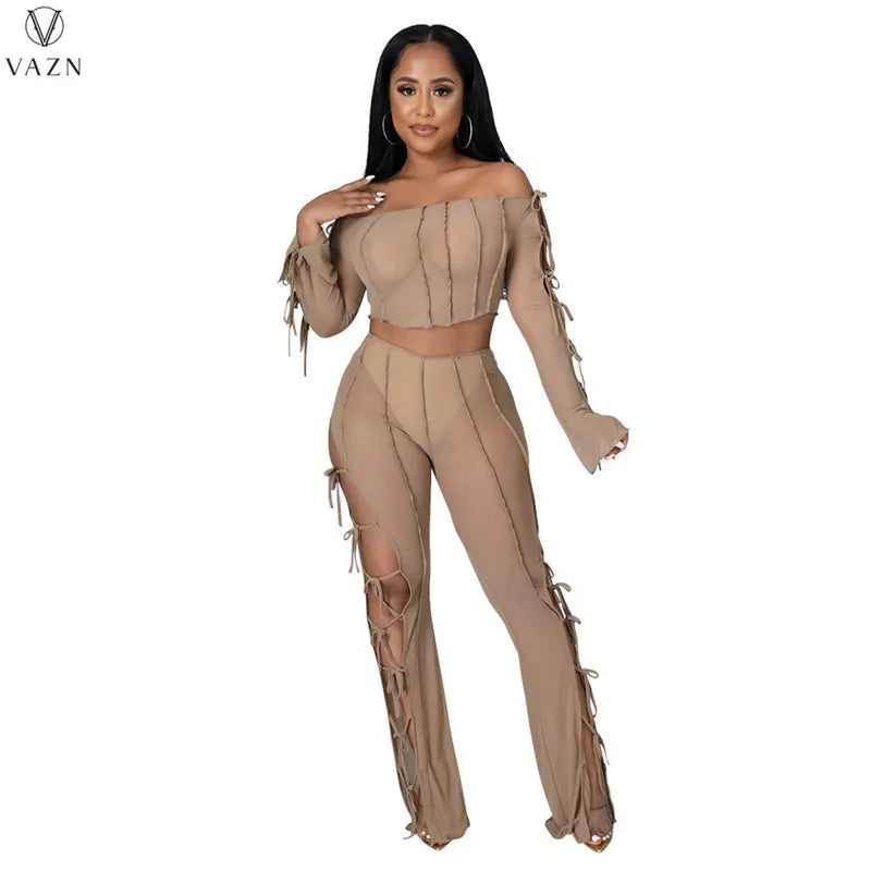 VAZN 2021 Lady Fashion New Sexy Girl Style Sets Long Sleeve Card Shoulder Short Top Elastic Long Pants Pure Color 2 Piece Sets