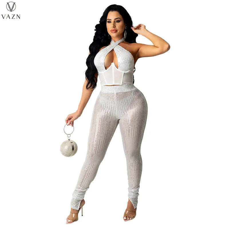 VAZN 2021 New Office Lady Sexy Holiday Style Sets Sleeveless Halter Top Elastic Long Pants Solid Two Piece Sets