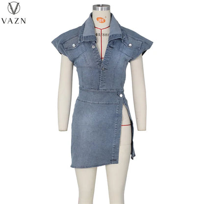 VAZN 2022 New Sexy Street Style Women Suits Sleeveless Lapel Top Elastic Mini Short Skirt Pure Color Lady Denim Two Piece Sets