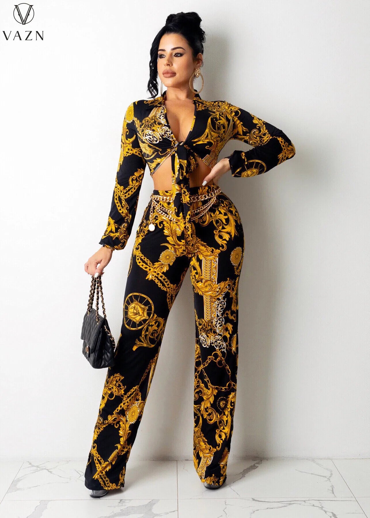 VAZN 2021 Lady Fashion New Sexy Girl Style Sets Long Sleeve Lapel Short Top Elastic Long Pants Printed 2 Piece Sets