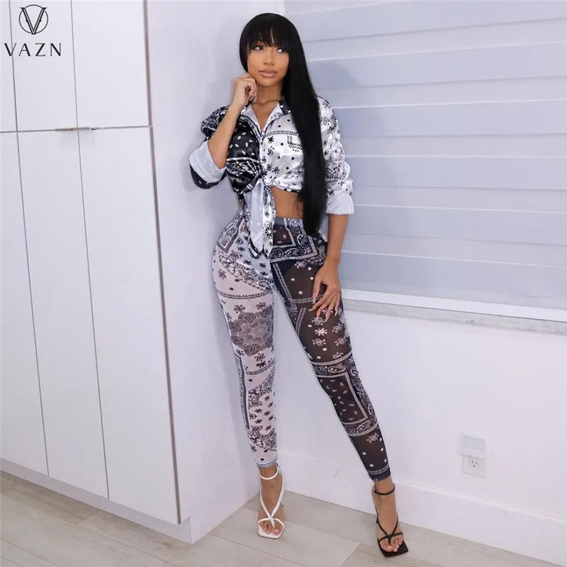 VAZN 2022 Women Suit Fashion Street Casual Style Sets Long Sleeve Lapel Top Elastic Long Pants Printed Two Piece Sets