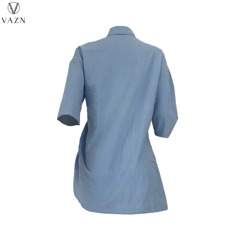 VAZN  2021 New Women Street Casual Style Sets Long Sleeve Lapel Shirt Elastic Short Pants Pure Color Two Piece Sets