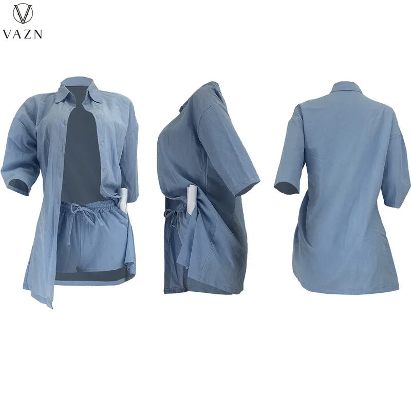 VAZN  2021 New Women Street Casual Style Sets Long Sleeve Lapel Shirt Elastic Short Pants Pure Color Two Piece Sets