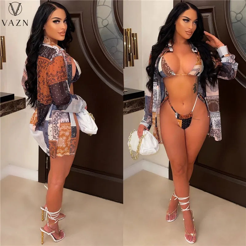 VAZN 2022 New Women Sexy Holiday Style Sets Sleeveless Short Top Elastic Short Pants Long Sleeve Outwear Printed 3 Piece Sets