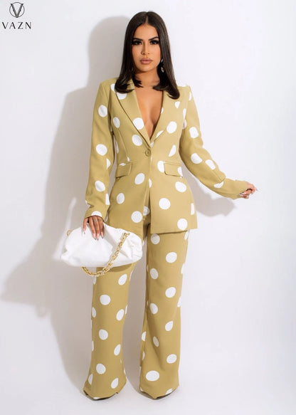 VAZN 2021 Fashion Women New Street Casual Style Sets Long Sleeve Lapel One Buttons Top Elastic Long Pants Printed Two Piece Sets