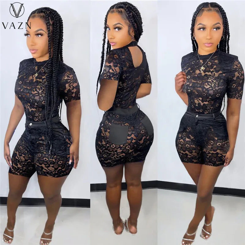 VAZN 2022 Lace Sexy Club Party Style Women Suit Short Sleeve Round Neck Top Buttons Short Pants Pure Color Lady 2 Piece Set