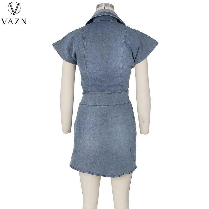 VAZN 2022 New Sexy Street Style Women Suits Sleeveless Lapel Top Elastic Mini Short Skirt Pure Color Lady Denim Two Piece Sets