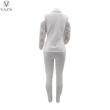 VAZN New 2021 Ladies Fashion Street Girl Style Women Suit Long Sleeve Lapel Top Elastic Long Pants Lace Two Piece Sets