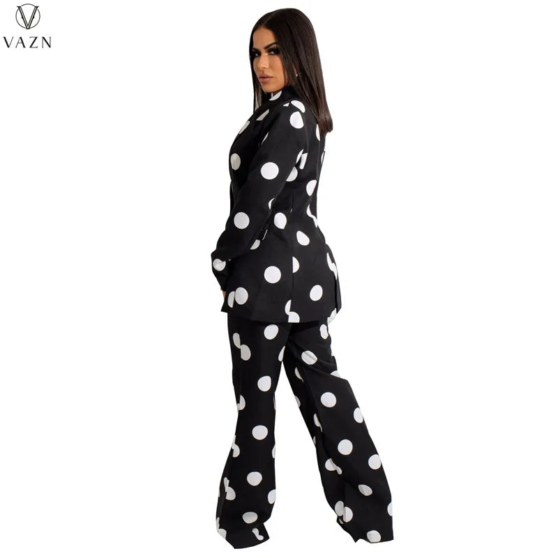 VAZN 2021 Fashion Women New Street Casual Style Sets Long Sleeve Lapel One Buttons Top Elastic Long Pants Printed Two Piece Sets