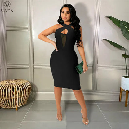 VAZN 2022 Pure Color Lady Dress Women Fashion New Street Girl Style Long Dress Sleeveless V Neck Mid Long Dress