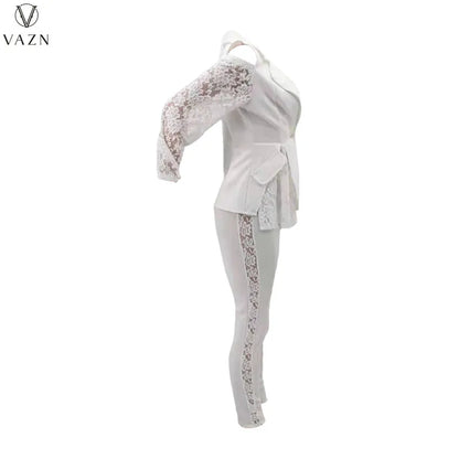 VAZN New 2021 Ladies Fashion Street Girl Style Women Suit Long Sleeve Lapel Top Elastic Long Pants Lace Two Piece Sets